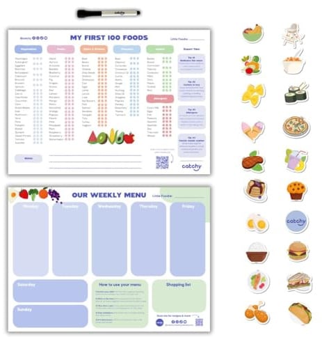 CATCHY - Min första 100 Foods Tracker + vårt veckomenyset - 1 checklista för magnetisk whiteboard, 1 matplanerare, 20 kylskåpsmagneter + 1 markör - för att introducera fasta ämnen och veckoplanering