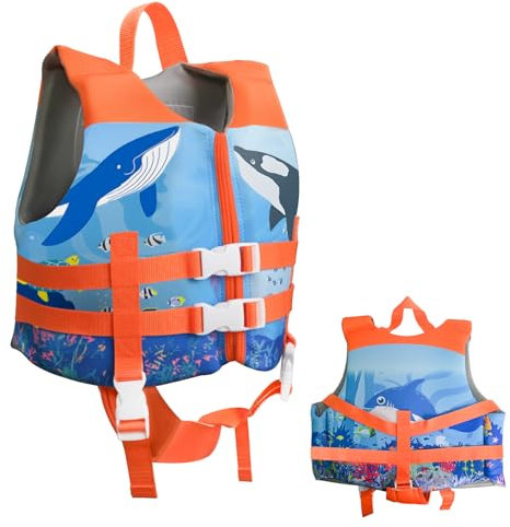 Schwimmhilfe Baby Kinder 1-6 Jahre, Schwimmlernweste für Kleinkinder, Jungen und Mädchen 11-25kg / 24-55lbs, Schwimmen Jacket mit Reißverschluss Einstellbare Schrittgurt Blau Orange