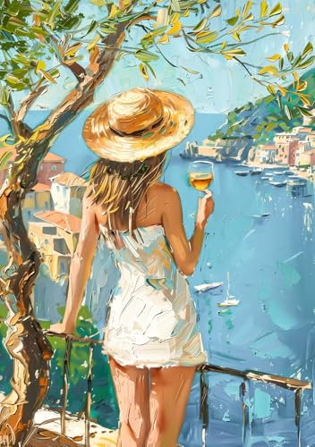 STYLER Leinwandbild Florence 60 x 80 cm I Frau mit Sommerhut mediterrane Küstenlandschaft I Wohnzimmer Schlafzimmer Büro I Wanddeko Urlaub Meer Flair I Made in Europe