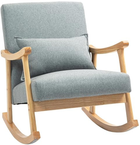 HOMCOM Moderner Schaukelstuhl Krankenpflegestuhl mit Lendenkissen Breite Rückenlehne und Holzsockel Belastbarkeit 120 kg Schaukelstuhl für Wohnzimmer Schlafzimmer Hellgrau