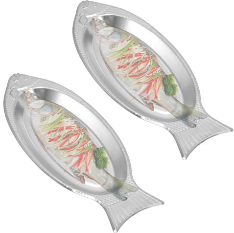Piatto decorativo a forma di pesce in acciaio inossidabile, per snack, antipasti, piatti da portata, per ristoranti, casa, cucina (2 pezzi, argento)