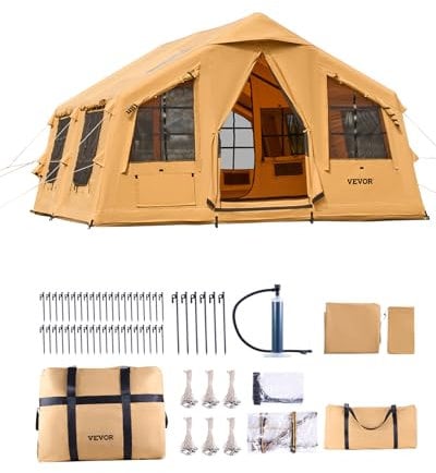 VEVOR Aufblasbares Zelt für Camping 8-12 Personen mit Handpumpe, 4,8x3,6x2,2 m Glamping-Zelt mit 2 Oberlichtern, Baldachin, Ofenanschluss, 2 Türen & Netzfenstern, Aufbewahrungstasche