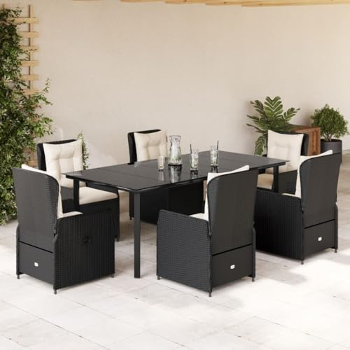 IKAYAA Gartenmöbel Set mit Tisch und 6 Verstellbare Hochlehner Stühlen, Polyrattan Sitzgruppe für 6 Personen, Essgruppe für Garten Terrasse, inkl. Sitzkissen Schwarz 7-TLG