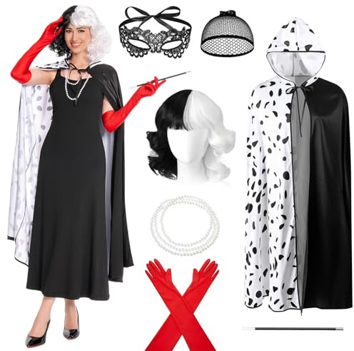 ABC.icos 7 Stück Cruella Devil Kostüm Damen Cruella Dämon Kostüm Damen Krura Perücke Umhang, Karnevalskostüm Frau Halloween Karneval Cosplay Kostüm Party