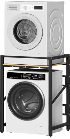 Bluethy Washer Dryer Stand, Washing Machine Stacking Shelf Kits, Height Adjustable Over Washer Storage Rack Unit, Tumble Dryer Stand Washer Shelf for Bathroom, Load Capacity 250KG Burlywood