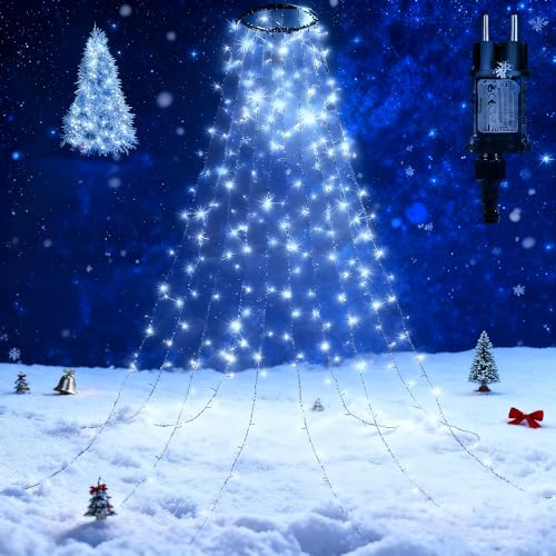 Qedertek Lichterkette Weihnachtsbaum Außen Innen, 2.4M 240LED Christbaumbeleuchtung mit Ring, 12 Modi Lichterkette Außen Weihnachten mit Timer, IP44 Weihnachtsbeleuchtung Außen für Tannenbaum (Weiß)