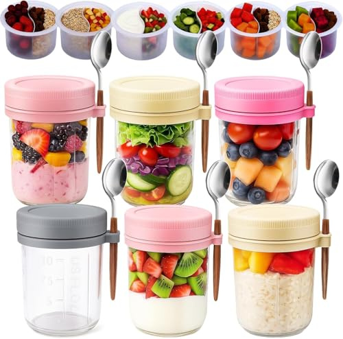 OBDKCAN Overnight Oats Jars with Lids & Spoons, 350ml Mason Jars, Overnight Oats Containers with Airtight Lids Reusable Food-Safe Glass Leakproof Containers (6 Jars with Separate)