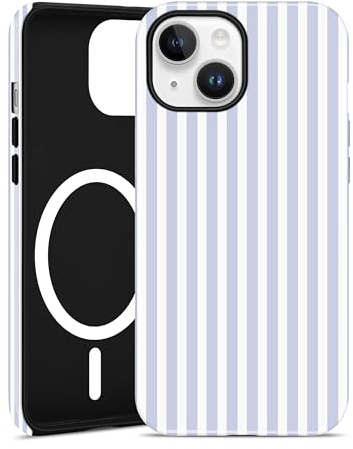 Jusy Magnetische Gestreifte Hülle für iPhone 13/14, Blau | Aesthetic Striped Sommer Muster Handyhülle, Kompatibel mit MagSafe, Zweischichtige Stoßdämpfend