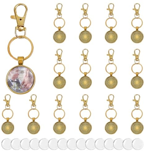 DICOSMETIC 15 Set Cabochon Lünette Schlüsselanhänger Legierung Fotorahmen Schlüsselanhänger 25mm Runde Rohlinge Anhänger Lünette Mit Karabinerverschlüssen Schlüsselringe Und Glas Cabochons