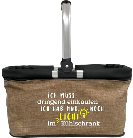 AMBERGER DESIGN by A&M Osterhage amd Einkaufskorb mit Spruch „Ich muss dringend einkaufen – ich hab nur noch Licht im Kühlschrank“ | Klappkorb mit Alu-Griff