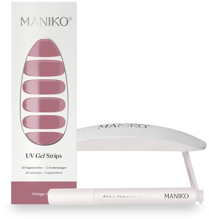Maniko UV Gel Strip Komplettset Vintage Velvet mit Lampe & Remover Pen | Rosa UV Nagellack zum Kleben, UV Nagelsticker, 2 Anwendungen – Geschenk für Mama, Geburtstag & Valentinstag