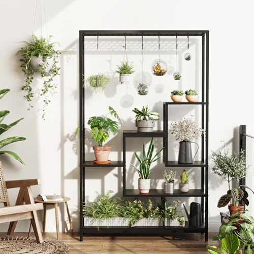 Koioplie Pflanzenständer mit Haken, 5-stöckiges, Pflanzenregal, Blumenständer, Blumentreppe für Indoor Garten Balkon, Metall & Holzwerkstoffe, Schwarz, 180x100x30CM