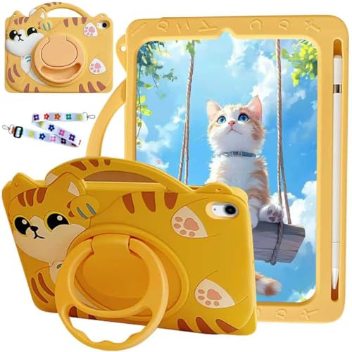 KEDBBAO Case for iPad mini 7 (A17 Pro, 7th Generation) 2024 / iPad mini 6 (6th Gen) 8.3 Inch, Full-body Shockproof Kids Case for Pencil Holder & Adjustable Shoulder Strap, Orange Cat