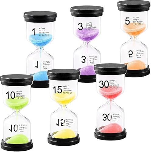 BARAKYEG Lot de 6 mini horloges de sable colorées pour cuisine, kit de minuteries 1/3/5/10/15/30 minutes pour décoration de bureau salle de classe