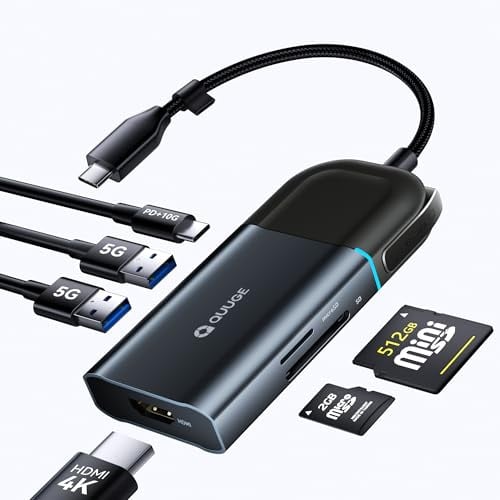QUUGE USB C Hub, 6 in 1 4K HDMI Dock, 100W PD, SD/TF Kartenleser, Laptop | 100W PD Eingang, 10 Gbps Datenanschluss, SD und TF Zugriff, Display-Taste, Aluminiumgehäuse, für den täglichen Geräteeinsatz