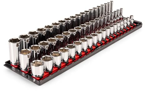 TEKTON 3/8 Inch Drive Shallow, Semi-Deep, and Deep 6-Point Socket Set with Rails and Trays, 57-Piece (6-24 mm) | SHD91124