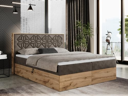 MKS MEBLE Boxspringbett 200x200 cm mit Bettkasten und Kopfteil, Polsterbett mit Matratze H4 und Topper Visco, Boxspringbett mit Massivholz - Nessi - Braun Velvet