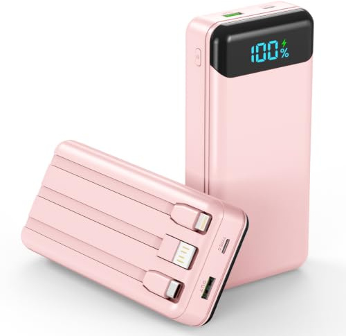 Power Bank 27000mAh,QC4.0 22.5W Fast Charging Portable Charger with Built-in 3 Cables, 4 Outputs & 3 Inputs Powerbank with LED Display for iPhone, Tablets and More Pink