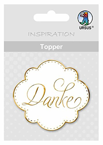 Ursus 56700011 - Topper Danke, weiß/gold, 8 Stück, ca. 6,5 x 7,6 cm, aus hochwertigen Materialien, mit edlem Perleffekt, Folienveredelt in silber, zum Verzieren von Karten
