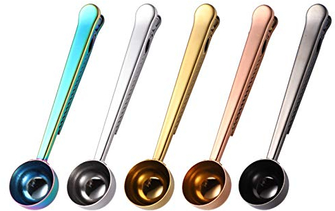 Set of 5 Coffee Scoop Clip,2-in-1 Stainless Steel Coffee Measuring Spoon with Sealing Clips, Kitchen Craft Long Handle Spoon Bag Clip for Coffee, Milk Powder, Oatmeal, Tea,Spices -Multicolor