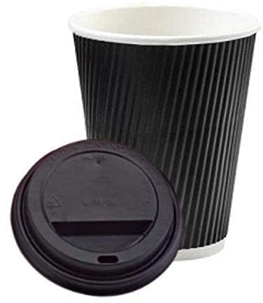 We Can Source It Ltd – 16oz Disposable Kraft Ripple Paper Cups with Black Lids – Insulated Black Paper Cups with 3 Ply Construction – 100% Recyclable – for Tea, Coffee, Hot Drinks– 25Pc