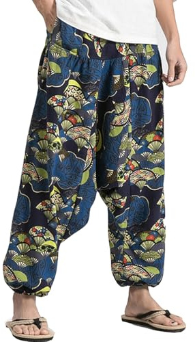CLANMILUMS Men Women Harem Pants Elastic Drawstring Waist Loose Fit Hippie Boho Aladin Yoga Pants, Blue1, 5X-Large