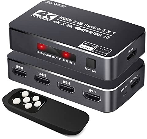 Conmutador HDMI 4K HDR, Koopman 4 Puertos 4K 60Hz HDMI 2.0 selector con Mando a Distancia IR inalámbrico, Compatible con UltraHD Dolby Vision, Alta Velocidad (máx. a 18,5 Gbps), HDR10, HDCP 2.2 y 3D