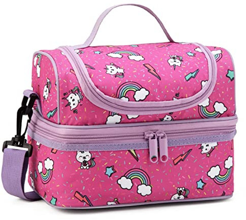 Kasqo Lonchera para niñas, bolsa térmica aislada para niños, bolsa de almuerzo con compartimentos duales, gatito rosa
