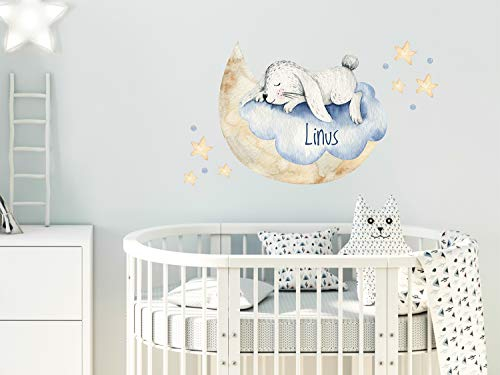 GRAZDesign Wandtattoo Babyzimmer Junge Mädchen, Hase auf Mond Namen, Kinderzimmerzimmer personalisiert, Entfernbare Wandsticker / 70x40cm