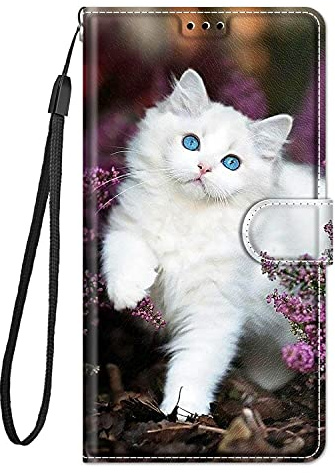 Guxira Hülle Leder für Samsung Galaxy A51 4G Handyhülle, Niedliches Muster Klapphülle Lederhülle mit [360 Grad Stoßfest] [Kartenfachr] Schutzhülle Klappbar Flip Case Cover - Weiße Katze