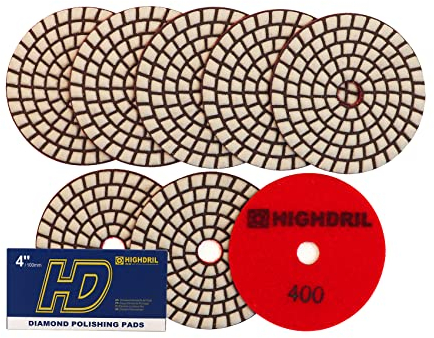 HIGHDRIL Almohadillas Pulido Diamante Seco - 8piezas #400 Almohadillas Lijado 100MM para Granito Piedra Mármol Suelo Grinder Pulir Almohadilla Kit para Taladro, Amoladora, Pulidora
