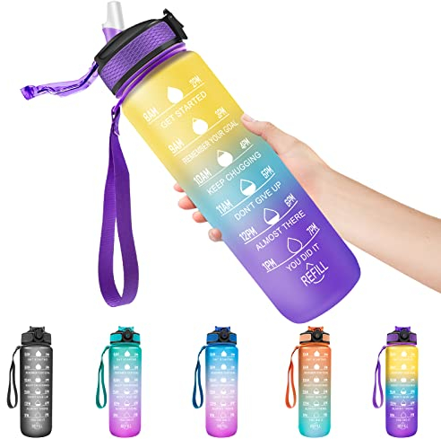WOODFIB Sports Water Bottle 1L, Motivational Water Bottle with Straw & Time Maker, BPA Free, Leakproof & Secure Locking Lid, Tritan Plastic Drink Bottle for School/Cycling/Gym (Yellow Blue Purple)
