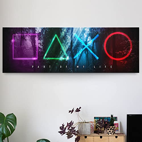 Panorama Wandbild für Gamer & Zocker, Dark Leinwand Wandbild 150x50cm cm groß, abstrakte Gamepad Controller Zeichen als Leinwandbild, zur Deko für Jugendzimmer, Zockerzimmer, Kinderzimmer