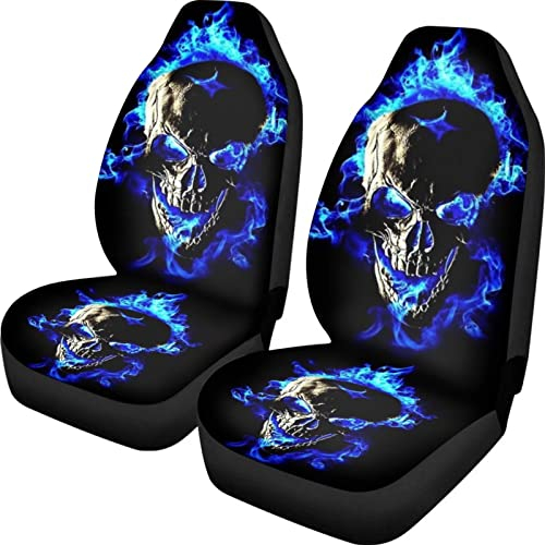 POLERO Autositzbezug für Männer und Frauen, Totenkopf mit Feuersitzkissen, Blau, 2 Stück