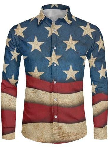 Suhoaziia Men's Stars Stripes American Flag Print Casual Button Down Shirts Button Up Long Sleeve Work Shirts Outdoor Top XS-6XL