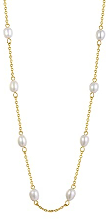 Dorosé Collier de Perles d'Eau Douce Ovales Blanches, Plaqué Or 18 Carats avec Véritables Perles - Acier Inoxydable
