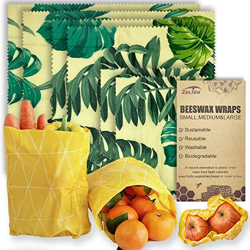 Involucri riutilizzabili in cera d'api per alimenti - (6 confezioni, 3 misure S, M, L) Senza plastica e silicone, involucro ecologico, carta cerata per alimenti,Monstera