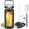 BLUEGO 2L Gourd en verre Avec paille Marqueur de temps Bouteille d'eau Motivation avec manchon en silicone 2 litres Grande carafe d'eau en Verre pour Gym, sports et entraînement, Noir