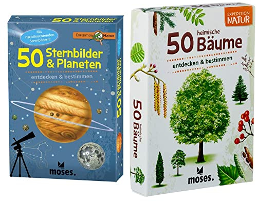 Moses 9740 Expedition Natur - 50 Sternbilder und Planeten| Bestimmungskarten im Set & 23407528 Expedition Natur 50 heimische Bäume | Bestimmungskarten im Set