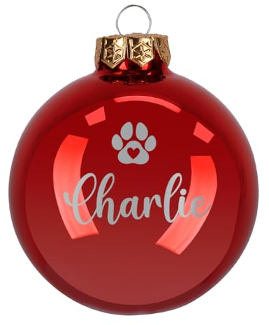 Herz & Heim® Weihnachtskugel aus Glas mit persönlicher Gravur/Rot oder Weiß/Matt oder Hochglanz/Ø 8 oder 10 cm/Verschiedene Motive Ø 10 cm, Rot Hochglanz, Tierpfote