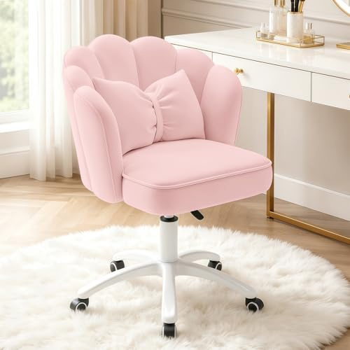 HDHNBA Sedia Vanity Velluto Petalo - Sedia da Scrivania Moderna Imbottita e Trapuntata con Schienale,Sedia da Ufficio Regolabile in Altezza per Camera da Letto e Soggiorno(Rosa)