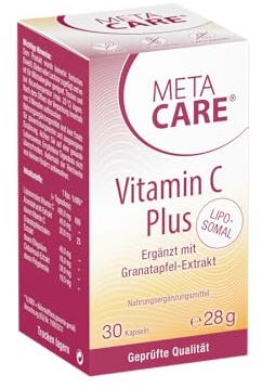META CARE Vitamin C Plus – Magenschonend – Liposomal – Auch für sensible Personen gut verträglich – Ergänzt mit Cistuskraut-Extrakt, Granatapfel-Extrakt und Acerola – Vegan – 30 Kapseln