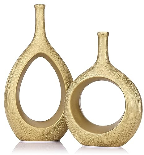 LCCCK Matte Gold Ceramic Vase Set of 2 - Ribbed Hollow Aesthetic Decorative Vase, Modern Farmhouse Table Centerpiece, Boho Gold Vases for Flower Decor and Home Living