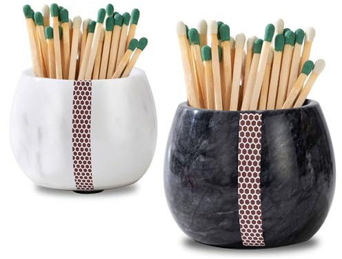 Matches Holder, Natural Marble Match Holder with Striker - Matches Box Modern Home Decor Gifts - Set of 2 Matches Decorative (Matches NOT Included)