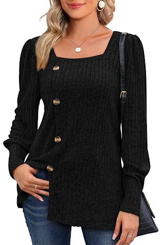 Aokosor Ladies Jumpers Womens Long Sleeve Tops Lightweight Tunic Square Neck Button Tops Black Size 14-16