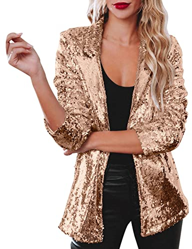 Damen Pailletten Blazer Pailletten Schimmer Jacke Lässig Langarm Glitzer Party Glänzend Mantel Rave Oberbekleidung Mantel Damen Mit Stehkragen
