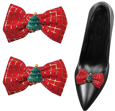 1 Paar Schuhclips mit Weihnachtsbaum-Schleife, abnehmbar, rot, kariert, modische Schuhschnalle für Weihnachts-Party-Dekoration, Baumwolle, Kein Edelstein