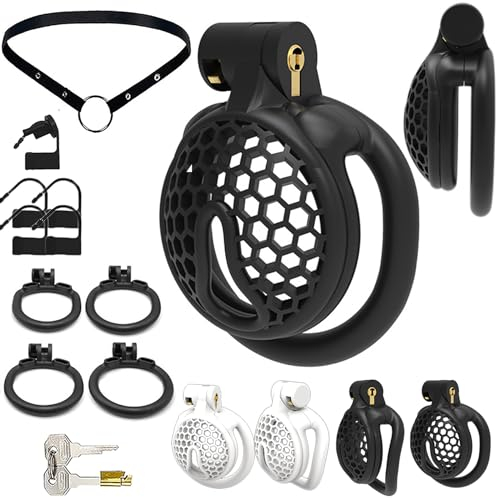 ScreaAss Atmungsaktives Netz Peniskäfig Ultra Klein Keuschheitsgürtel Set Mit 4 Gebogene/Runde Cockringe Und Gürtel Keuschheit Keuschheitskäfig Bondage Extrem Sex Toys Für Männer,Schwarz/runde,Set