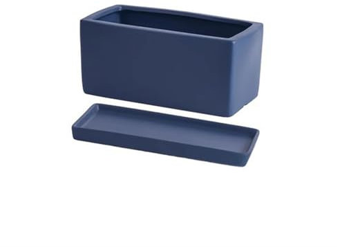 Blumentopf Rechteckiger Keramik-Übertopf mit Tablett, skandinavisch, schlicht, saftig, grün, Büro-Desktop, perforiert, kleines Blumenerde Töpfe für Pflanzen ( Color : Deep Blue with tray , Size : Smal