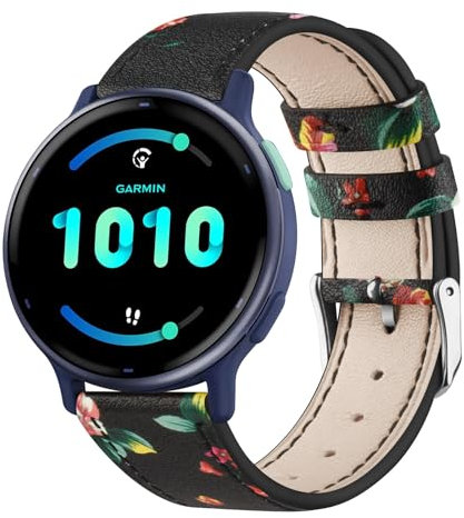 Bracelet en cuir compatible avec Garmin Vivoactive 5/Garmin Vivoactive 3, 20 mm en cuir souple de rechange pour Garmin Vivoactive 3 Music/Vivomove 3/Forerunner 245/645 Music (fleur rouge noire)